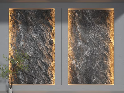 Elegant Modern Background Wall with Natural Stone Texture Soft Lighting and Potted Green Plant 3d model