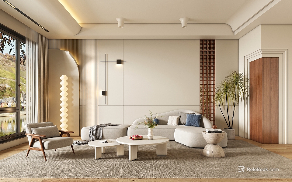 Modern Living Room Interior with Neutral Tones Sofa Armchair Coffee Tables Lamp and Potted Plant 3d model 