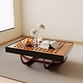 Wooden Coffee Table With Grid Top Curved Legs And Fruits Vase Book In Living Room