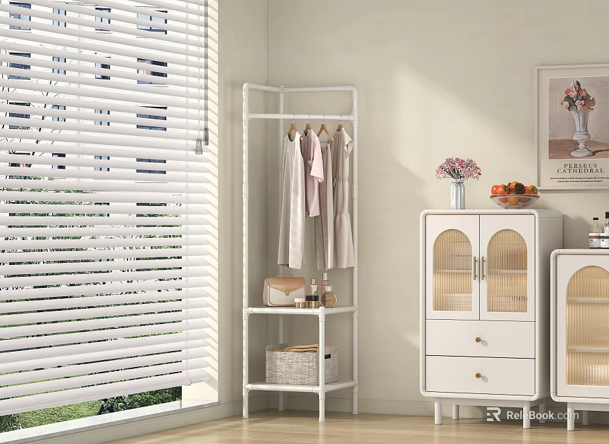 White Metal Clothes Rack With Light Colored Clothes And Multi Tiered Shelves In Room 3d model 