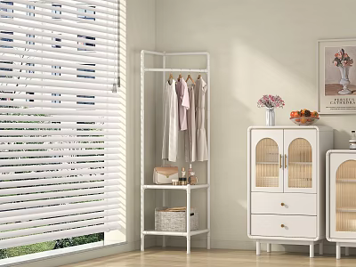 White Metal Clothes Rack With Light Colored Clothes And Multi Tiered Shelves In Room 3d model