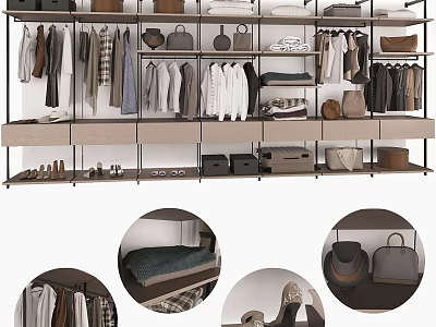 Modern Wardrobe Interior Design With Hanging Clothes Folded Clothes Bags And Shoes On Shelves 3d model