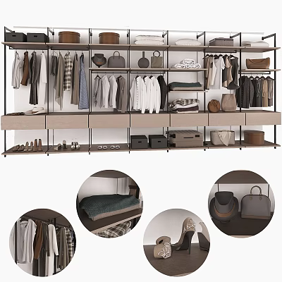 Modern Wardrobe Interior Design With Hanging Clothes Folded Clothes Bags And Shoes On Shelves 3d model