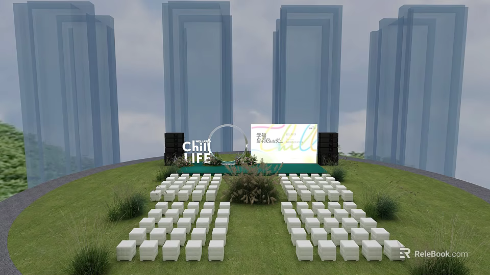 Outdoor Event Stage On Green Lawn With Neatly Arranged White Seats And High Rise Buildings 3d model 
