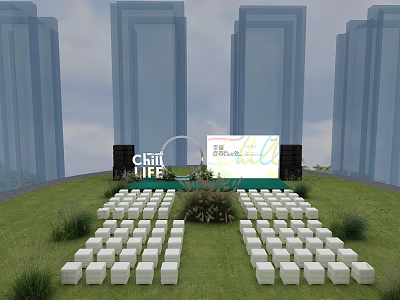 Outdoor Event Stage On Green Lawn With Neatly Arranged White Seats And High Rise Buildings 3d model