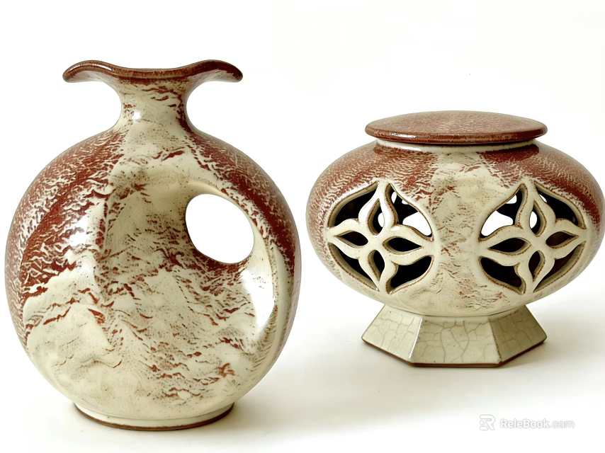 Brown And White Ceramic Vases With Hole Carved Patterns And Hexagonal Base 3d model