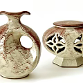 Brown And White Ceramic Vases With Hole Carved Patterns And Hexagonal Base 3d model