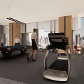 Spacious Modern Leisure Area Interior With Treadmills Pool Table And People 3d model