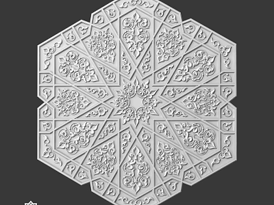 Octagonal Decorative Component Featuring Intricate Carved Patterns And Geometric Designs 3d model