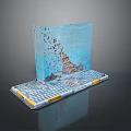 Scenic Landscape View of Weathered Blue Wall Gray Pavement with Yellow Edges and Peeling Debris