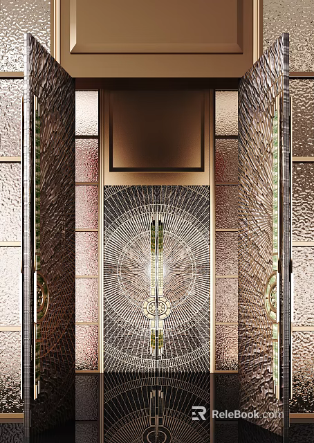 Hotel Lobby Grand Entrance With Radiant Patterned Glass And Metallic Frame Design 3d model 