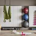 Yoga Studio Featuring Hanging Hammock Colorful Exercise Balls Wall Mounted Dumbbells And Yoga Equipment