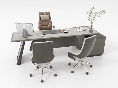 Modern Office Desk With Laptop Documents Pen Potted Plant And Three Office Chairs 3d model