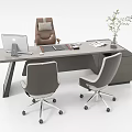 Modern Office Desk With Laptop Documents Pen Potted Plant And Three Office Chairs