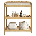 Natural Wooden Three Tier Storage Shelf With Cushioned Top Towels Toiletries And Woven Basket