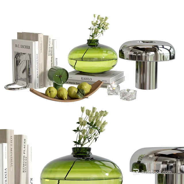 Stylish Decorative Ornament Set With Green Vase Books Wooden Fruit Tray And Metal Decor 3d model 