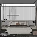 Modern Bedroom Interior With Striped Wall Panel Hanging Light Bedside Tables Soft Rug And Window