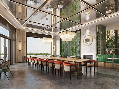 Modern Open Restaurant Interior With Green Sofas Long Table Pendant Lights Greenery And Marble Walls 3d model