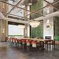 Modern Open Restaurant Interior With Green Sofas Long Table Pendant Lights Greenery And Marble Walls