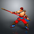 Shirtless red haired man holds long red staff in dynamic combat stance wearing red pants