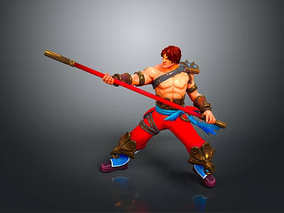 Shirtless red haired man holds long red staff in dynamic combat stance wearing red pants 3d model
