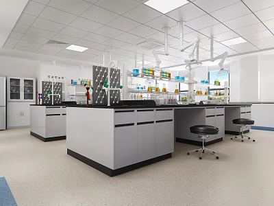 Modern Laboratory Interior With Laboratory Benches Cabinets Chemicals On Shelves Refrigerators Stools And Ceiling Lights 3d model