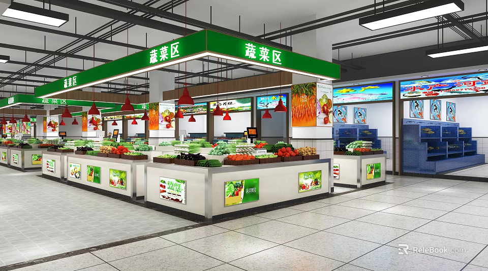 Supermarket Fresh Produce Section With Vegetable Fruit Displays And Red Pendant Lights 3d model 