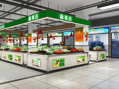 Supermarket Fresh Produce Section With Vegetable Fruit Displays And Red Pendant Lights 3d model