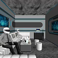 Modern KTV Lounge With Blue Neon Lights White Sofa Large Screens And People Wearing Helmets