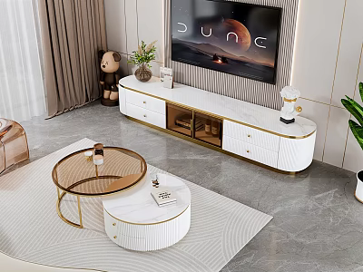 Modern White TV Stand with Gold Accents Flat Screen TV Plush Bear and Green Plant 3d model