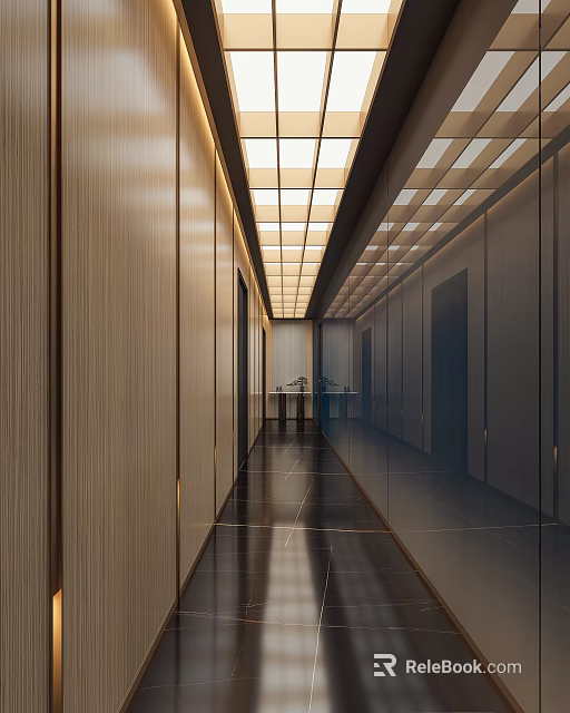 Modern Elevator Corridor With Wooden Walls Glass Panels And Ceiling Lights 3d model 