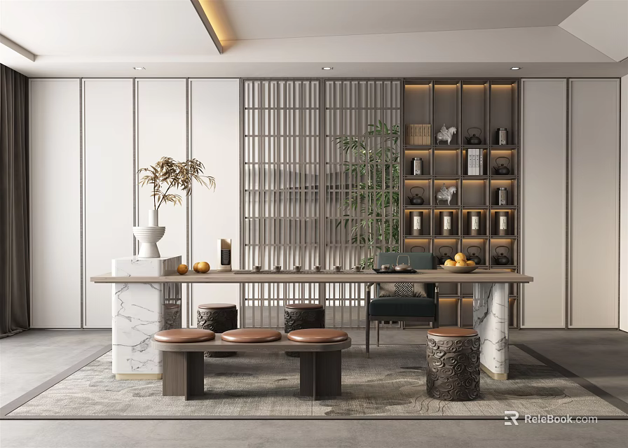 Traditional Tea Room Interior With Wooden Tea Table Stone Countertop Rattan Screen Green Plants And Display Shelf 3d model 