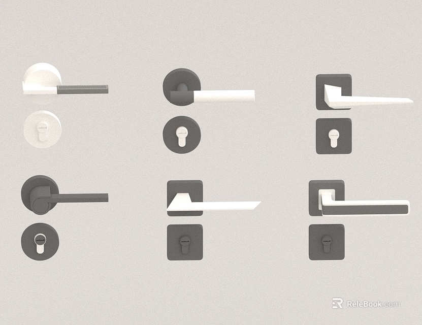 Various Modern Minimalist Door Handles in White and Dark Gray with Lock Hole Designs 3d model 