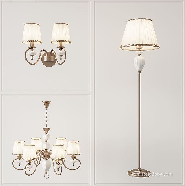Elegant Lighting Fixture Combination Featuring Chandelier Wall Sconce And Floor Lamp 3d model 