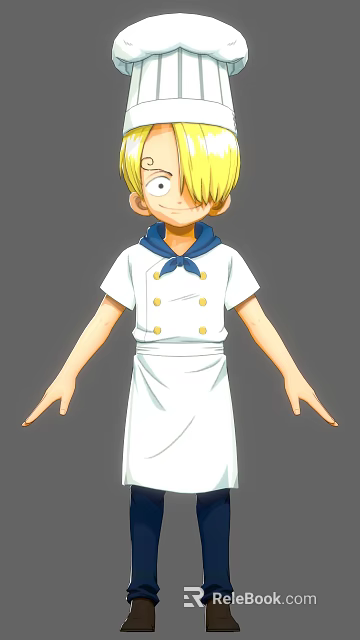Game Anime Character In Chef Uniform With Blonde Hair Blue Scarf And White Apron 3d model 