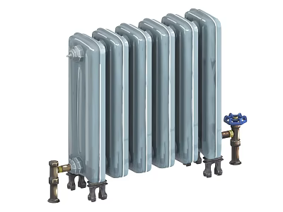 Grey Kitchen Appliance Radiator With Multiple Fins Blue Valve And Metal Brackets 3d model