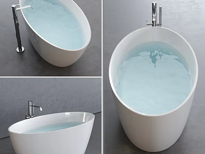 Modern White Freestanding Bathtub With Chrome Faucet And Clear Water In Bathroom Design 3d model