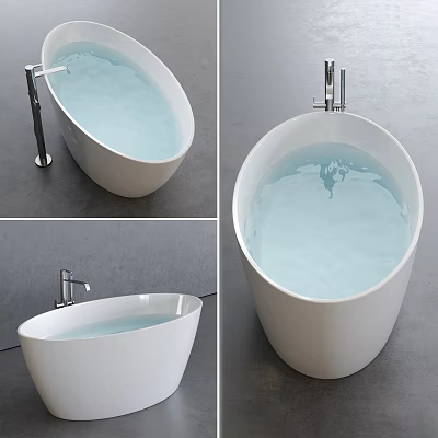 Modern White Freestanding Bathtub With Chrome Faucet And Clear Water In Bathroom Design 3d model