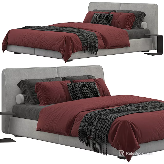 Modern Double Bed With Gray Headboard Red Bedspread Black Blanket And Pillows 3d model