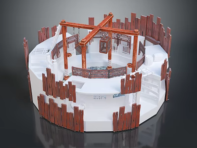 Natural Circular Wooden Structure with White Platform and Stairs in Garden Landscape 3d model