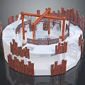 Natural Circular Wooden Structure with White Platform and Stairs in Garden Landscape