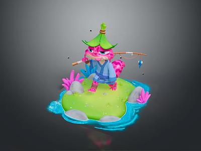 Cute Reptile Fishing On Green Island With Blue Outfit Green Hat Pink Plants And Stones 3d model