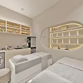 Elegant Modern Beauty Hair Salon Interior With Marble Reception Desk Cosmetic Displays And Green Plants