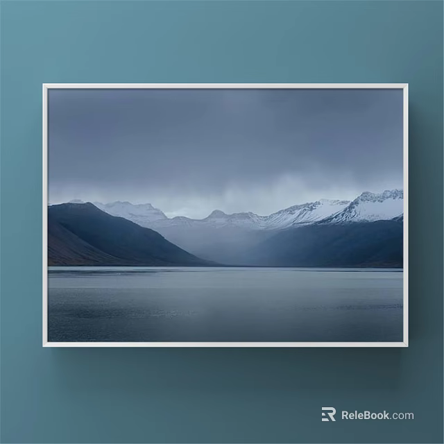 Serene Landscape Painting With Snowy Mountains Calm Lake And Overcast Sky 3d model 