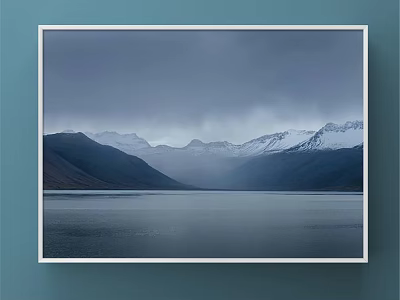 Serene Landscape Painting With Snowy Mountains Calm Lake And Overcast Sky 3d model