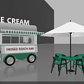 Functional Ice Cream Beach Bar Truck with Outdoor Green Table Chairs and White Umbrella