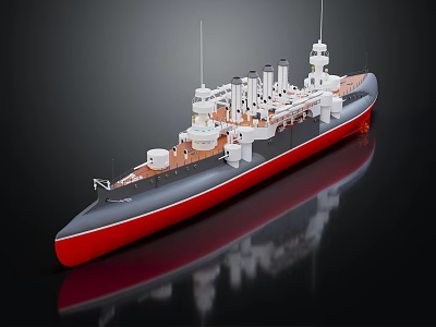 Model Warship With Red Hull Grey Body And White Superstructure On Black Background With Reflection 3d model
