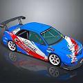 Blue Racing Car With Red And White Stripes Special Logo And Rear Spoiler