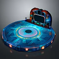 Futuristic Circular Stage Platform With Illuminated Edge Central Hole Decorative Patterns And Colorful Screen