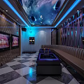 Modern KTV Interior With Neon Lights Blue Walls Comfortable Sofas Large Screens And Black And White Checkerboard Floors